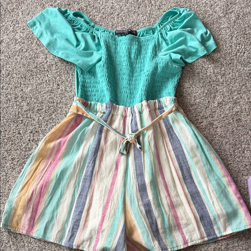 Three Hearts Teal and Multicolor Striped Romper